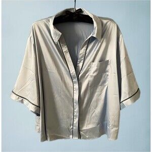 Parade Dream Short Sleeve Luxe Satin Button Up Sleep Top in Bubble Bath